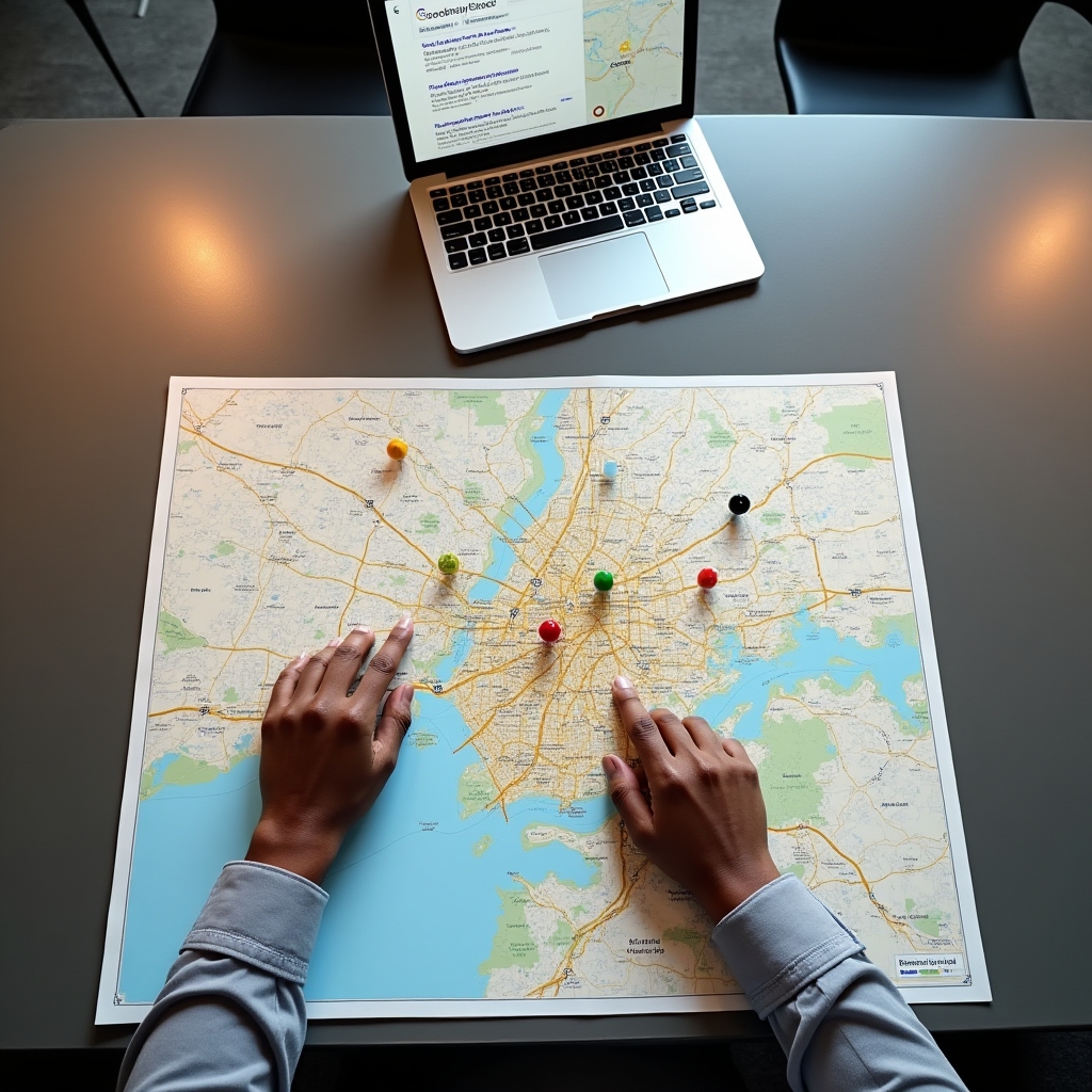 Local search results displayed on a screen with neighborhood map overlay